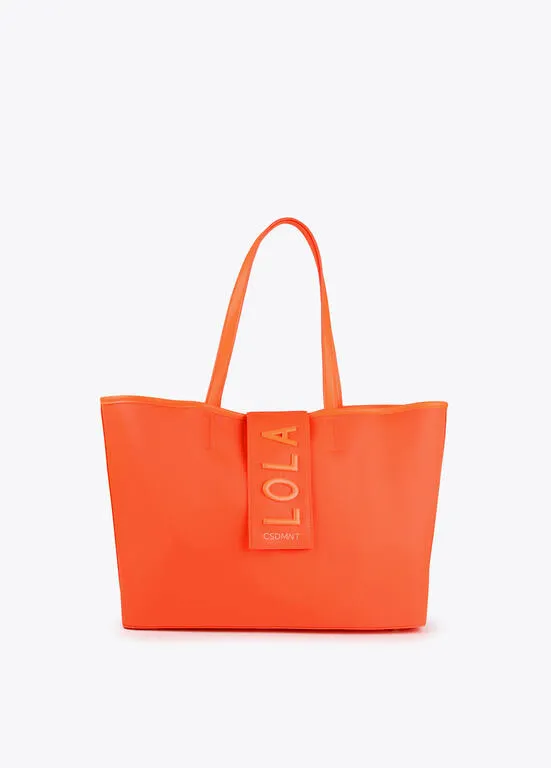 Bolso shopper nylon fluor detalle placa LOLA NARANJA Lola Casademunt