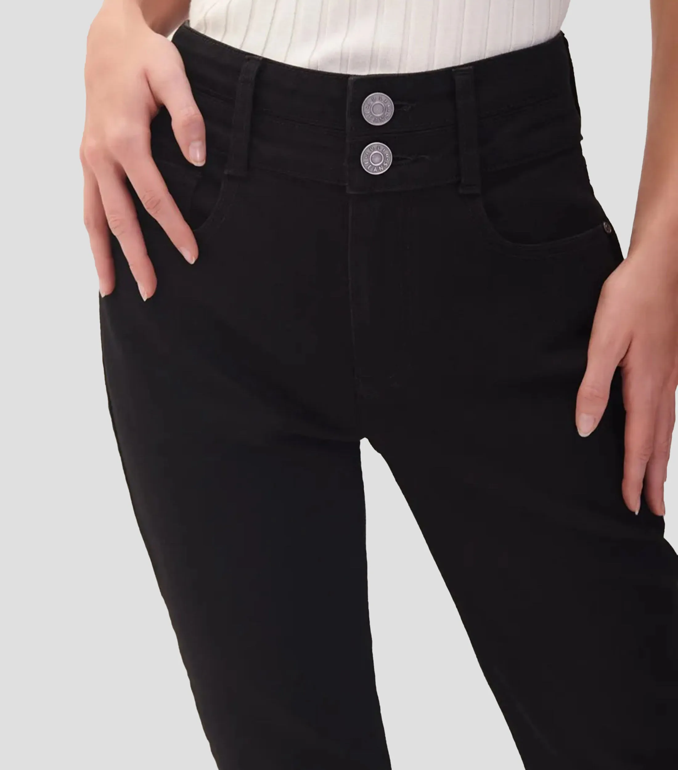 Julio Jeans Acampanados Negros Tiro Alto Doble Pretina Mujer