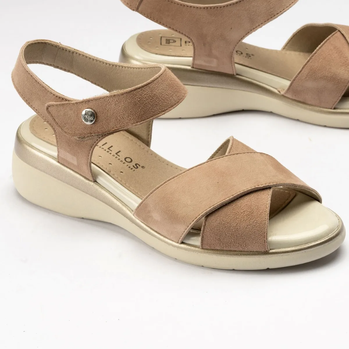 Sandalia Pitillos cuña baja mujer beige con velcro 5014