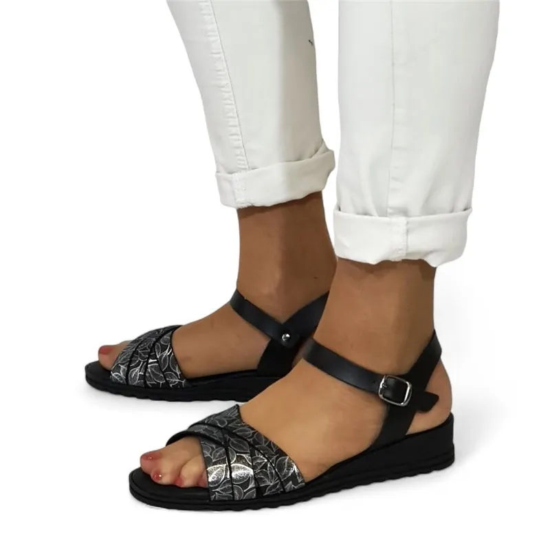 Sandalias Comfort Cuña Baja Mujer Piel Plantilla Acolchada 291 Negro, de Amelie