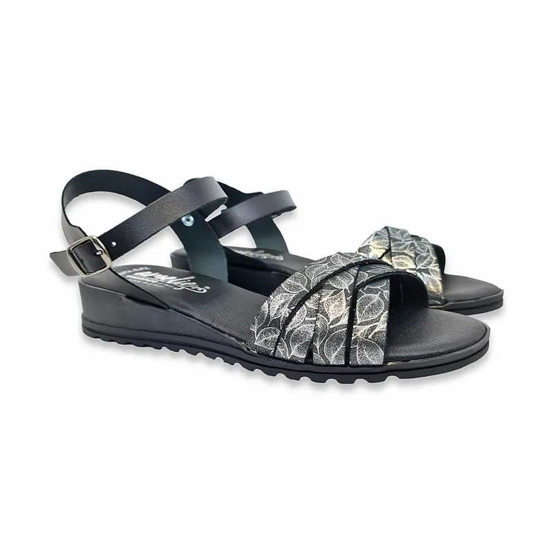 Sandalias Comfort Cuña Baja Mujer Piel Plantilla Acolchada 291 Negro, de Amelie