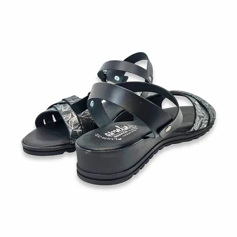 Sandalias Comfort Cuña Baja Mujer Piel Plantilla Acolchada 291 Negro, de Amelie