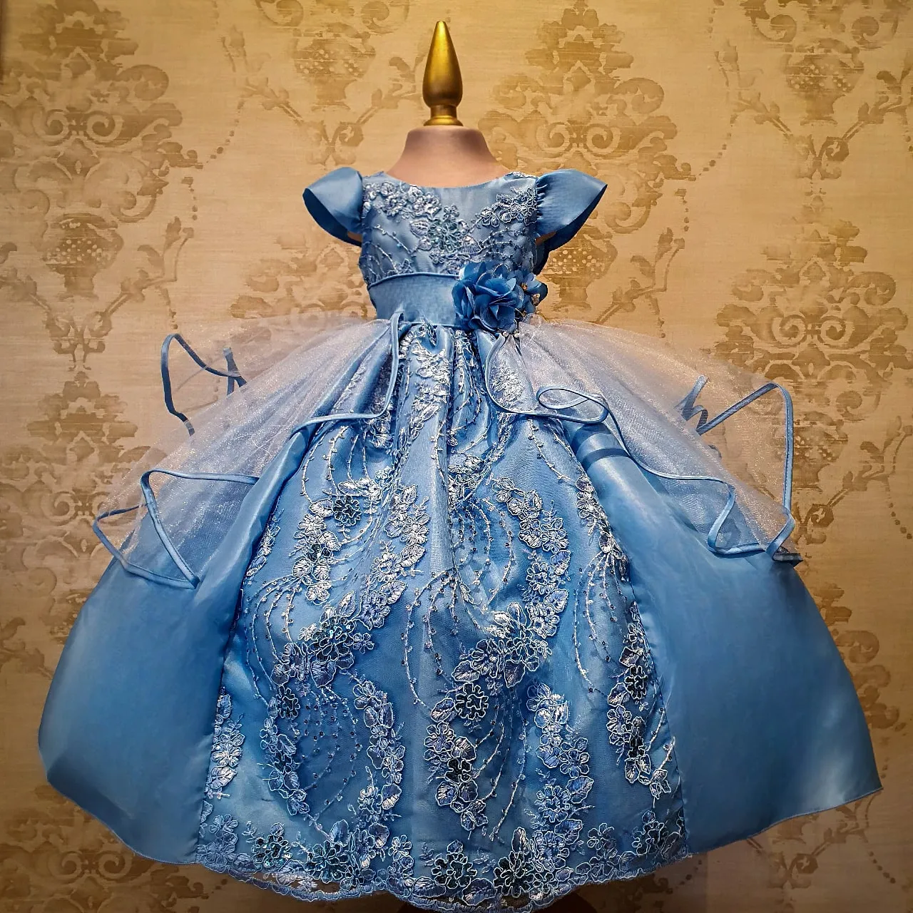 Vestido de Niña Fiesta Azul Cielo Encaje Bordado con Flor Talla 2 a 8 años