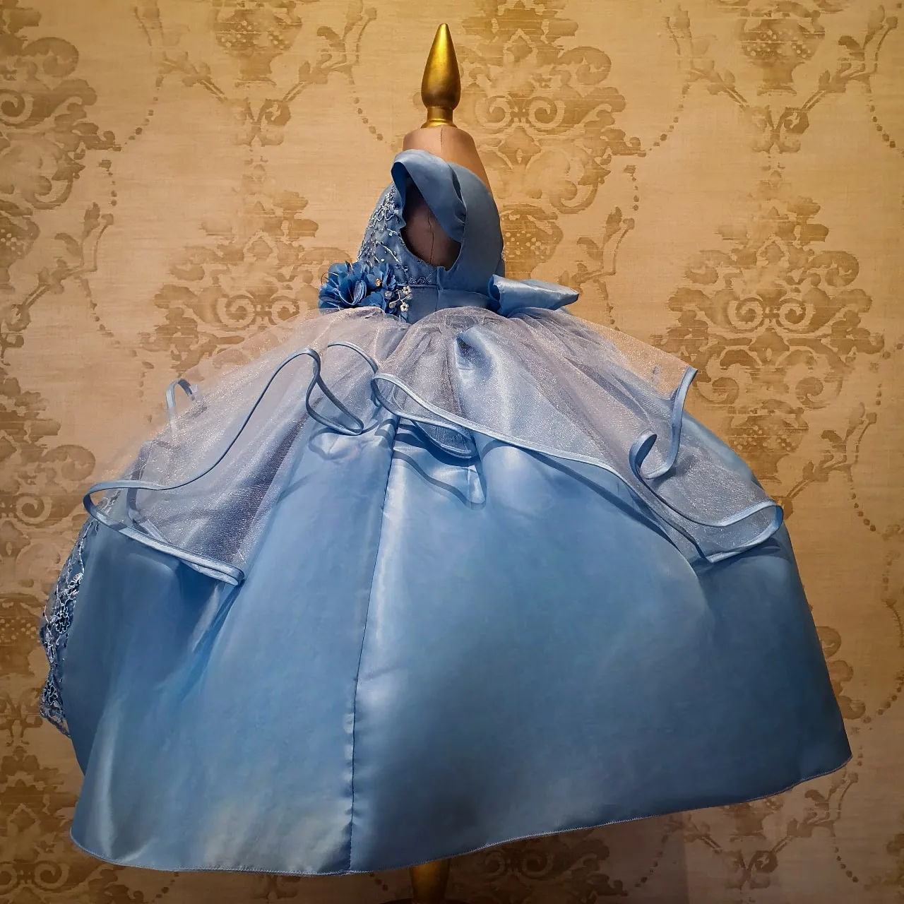 Vestido de Niña Fiesta Azul Cielo Encaje Bordado con Flor Talla 2 a 8 años