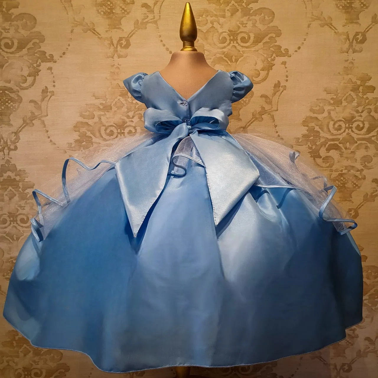 Vestido de Niña Fiesta Azul Cielo Encaje Bordado con Flor Talla 2 a 8 años