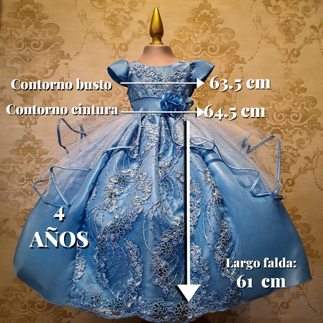 Vestido de Niña Fiesta Azul Cielo Encaje Bordado con Flor Talla 2 a 8 años