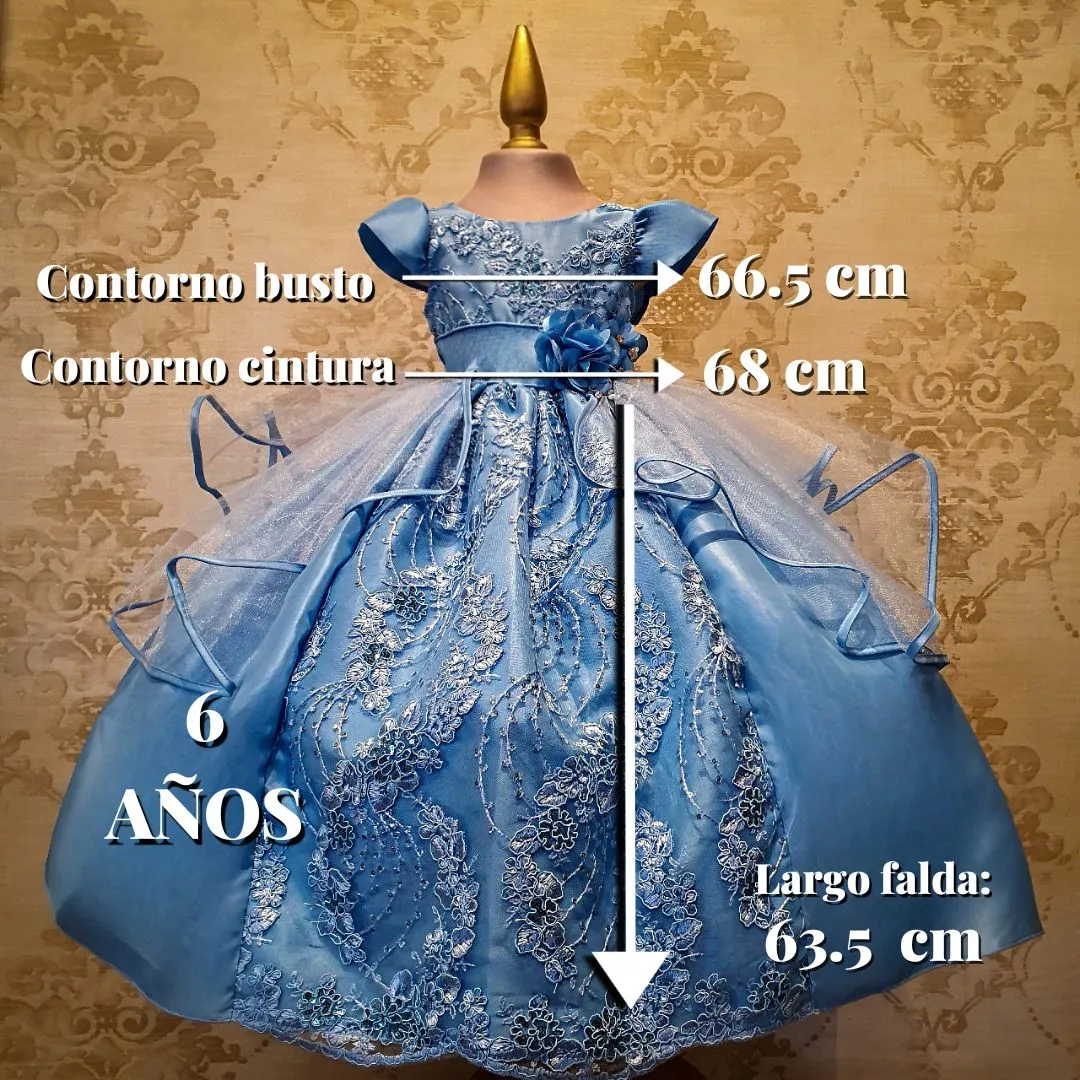 Vestido de Niña Fiesta Azul Cielo Encaje Bordado con Flor Talla 2 a 8 años